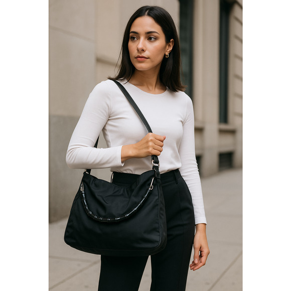 Gucci Handbags - Gucci Bamboo Nylon Shoulder Bag Black Leather Trim Tote Preowned Authentic Large